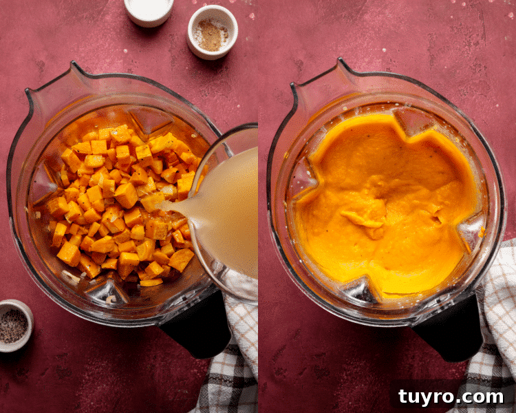 Side-by-side image of adding roasted veggies to blender with liquids then blending together until smooth.