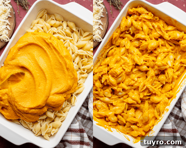 Side-by-side of adding sweet potato sauce to cooked pasta in 9x13 dish then mixing together.