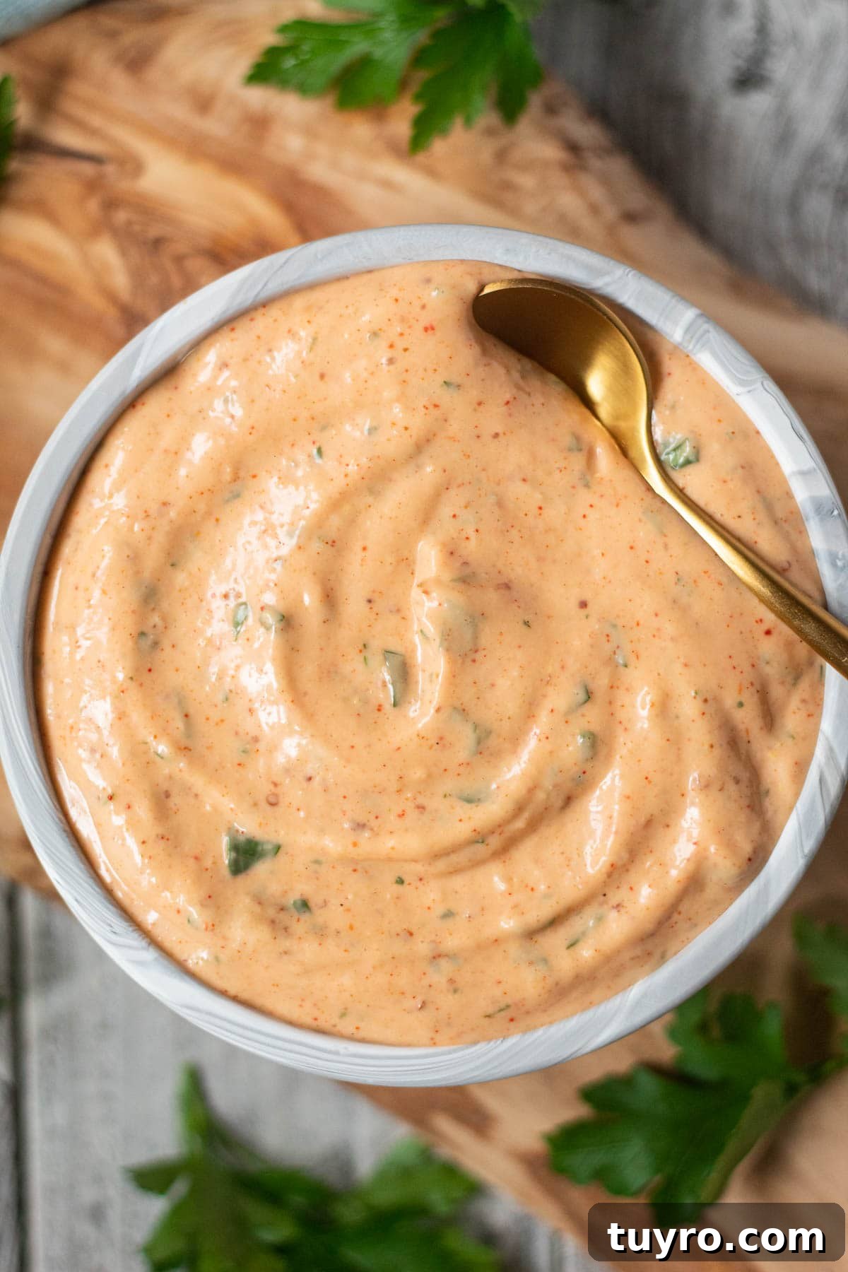 New Orleans remoulade sauce in a gray bowl.