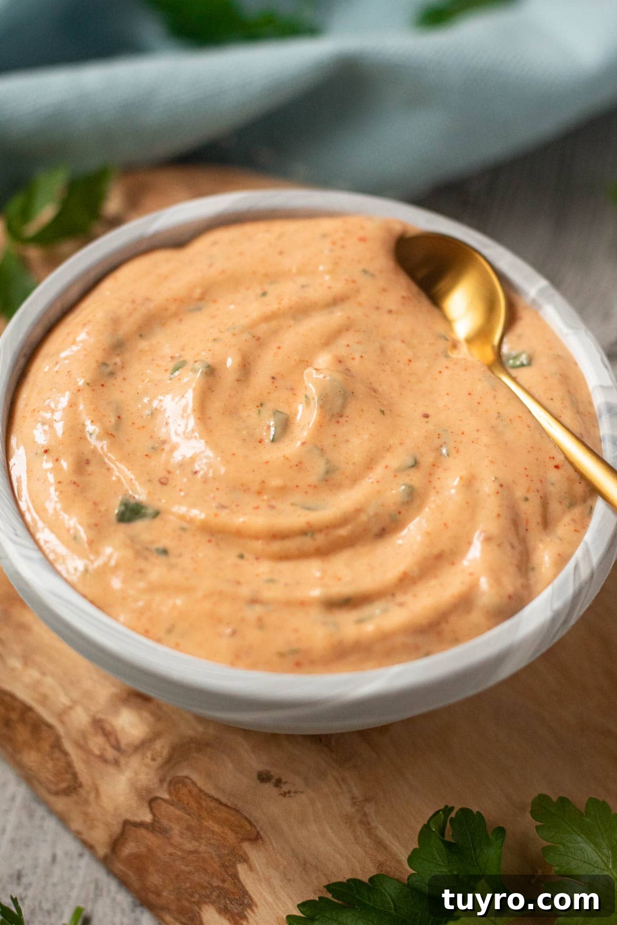 New Orleans remoulade sauce in a gray bowl.