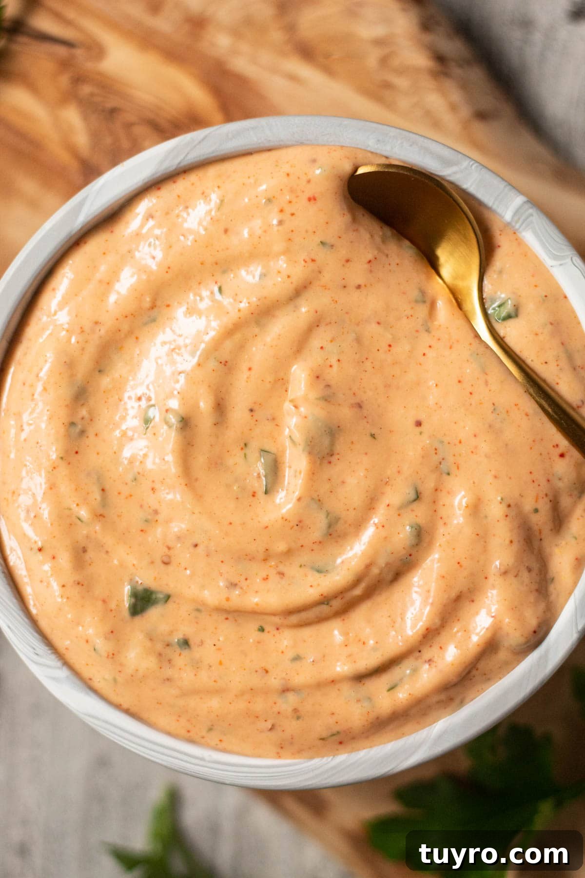 New Orleans remoulade sauce in a gray bowl.