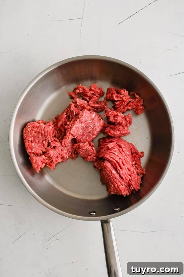 Raw ground beef in a large stainless steel skillet.