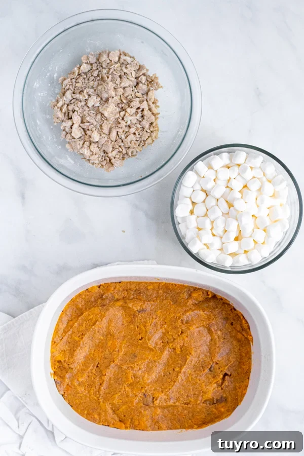 The three different parts of Sweet Potato Casserole with Marshmallows and Oat Streusel made ahead of time and ready to be stored before cooking in airtight containers.