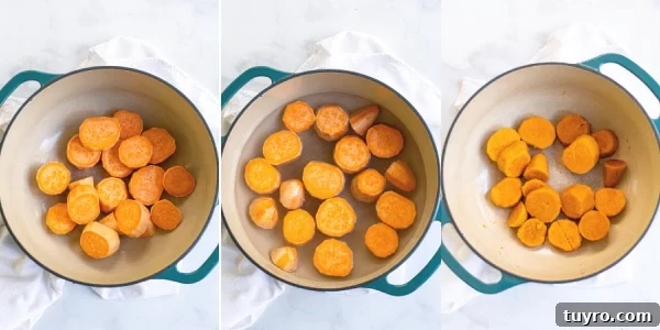 The three steps of cooking the sweet potatoes, uncooked, in water, and cooked.