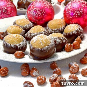 Nutella Buckeyes: Creamy Chocolate Hazelnut Truffle Recipe 8 A plate of buckeyes with Christmas ornaments.