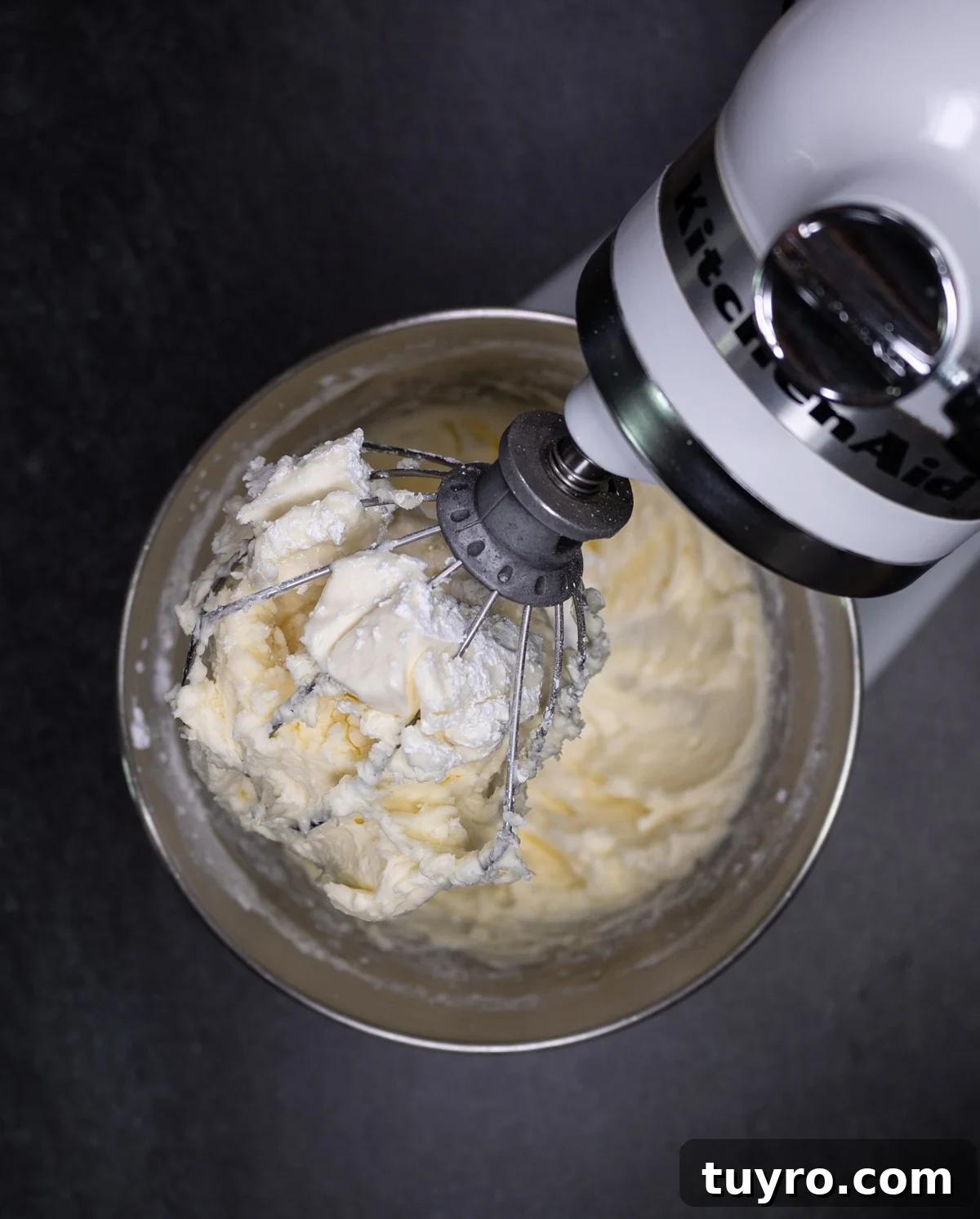 Classic Red Velvet Cake with Cream Cheese Frosting 12 butter, powdered sugar, and cream cheese in standing mixer.