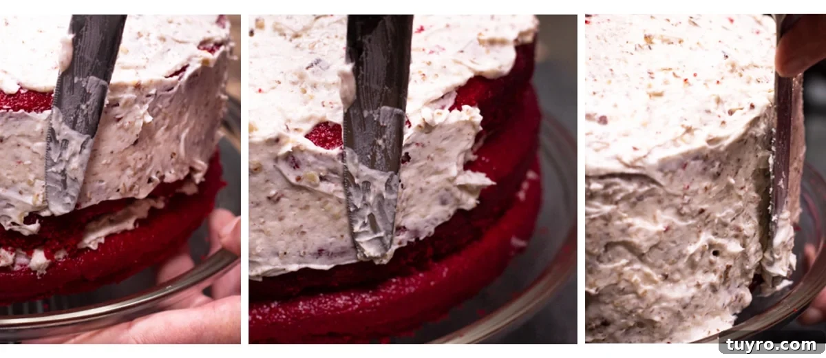 Classic Red Velvet Cake with Cream Cheese Frosting 16 collage of person decorating a cake.