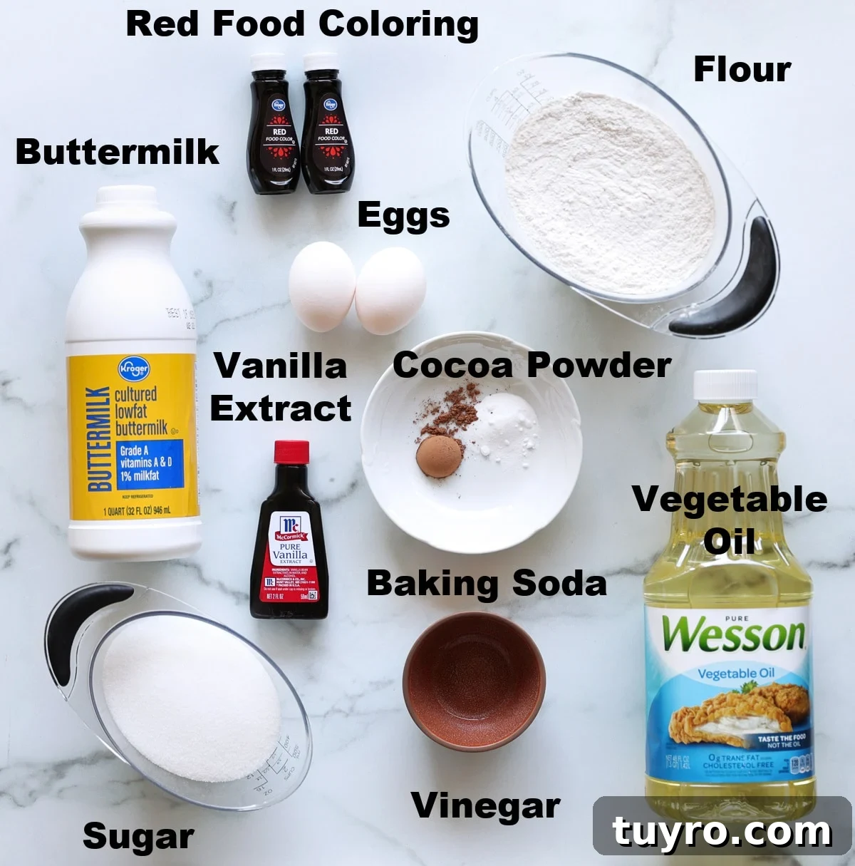 Classic Red Velvet Cake with Cream Cheese Frosting 5 Ingredients for red velvet cake.
