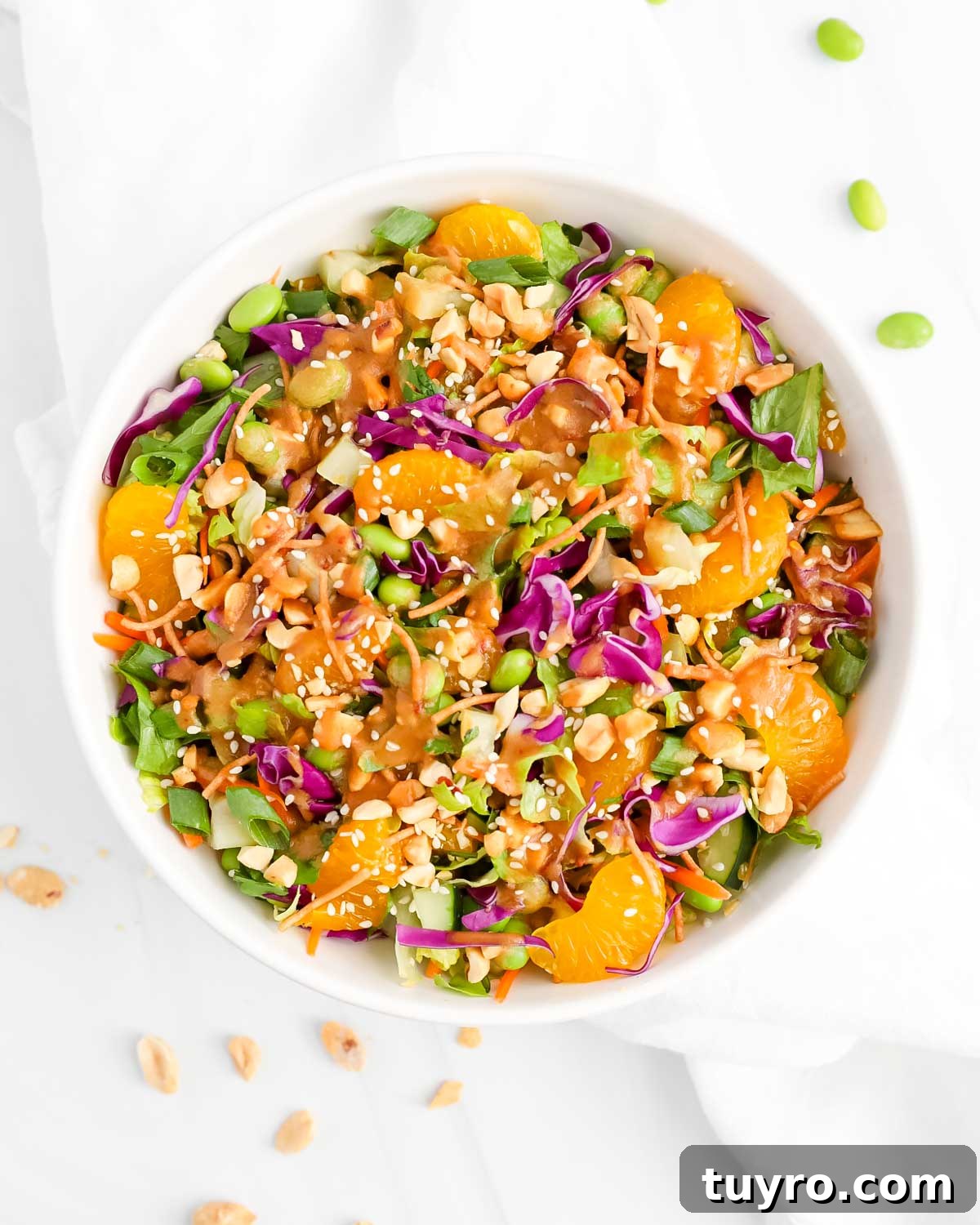 A crunchy asian salad in a white bowl with fresh vegetables, edamame, crunchy chow mein noodles, and sesame seeds.