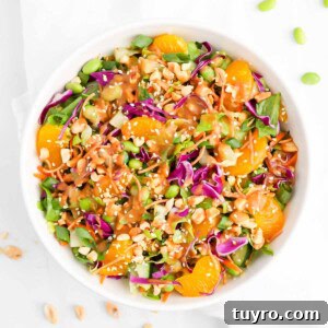 Peanut mandarin orange salad with fresh lettuce, cabbage, carrots, edamame, oranges, and sesame seeds.