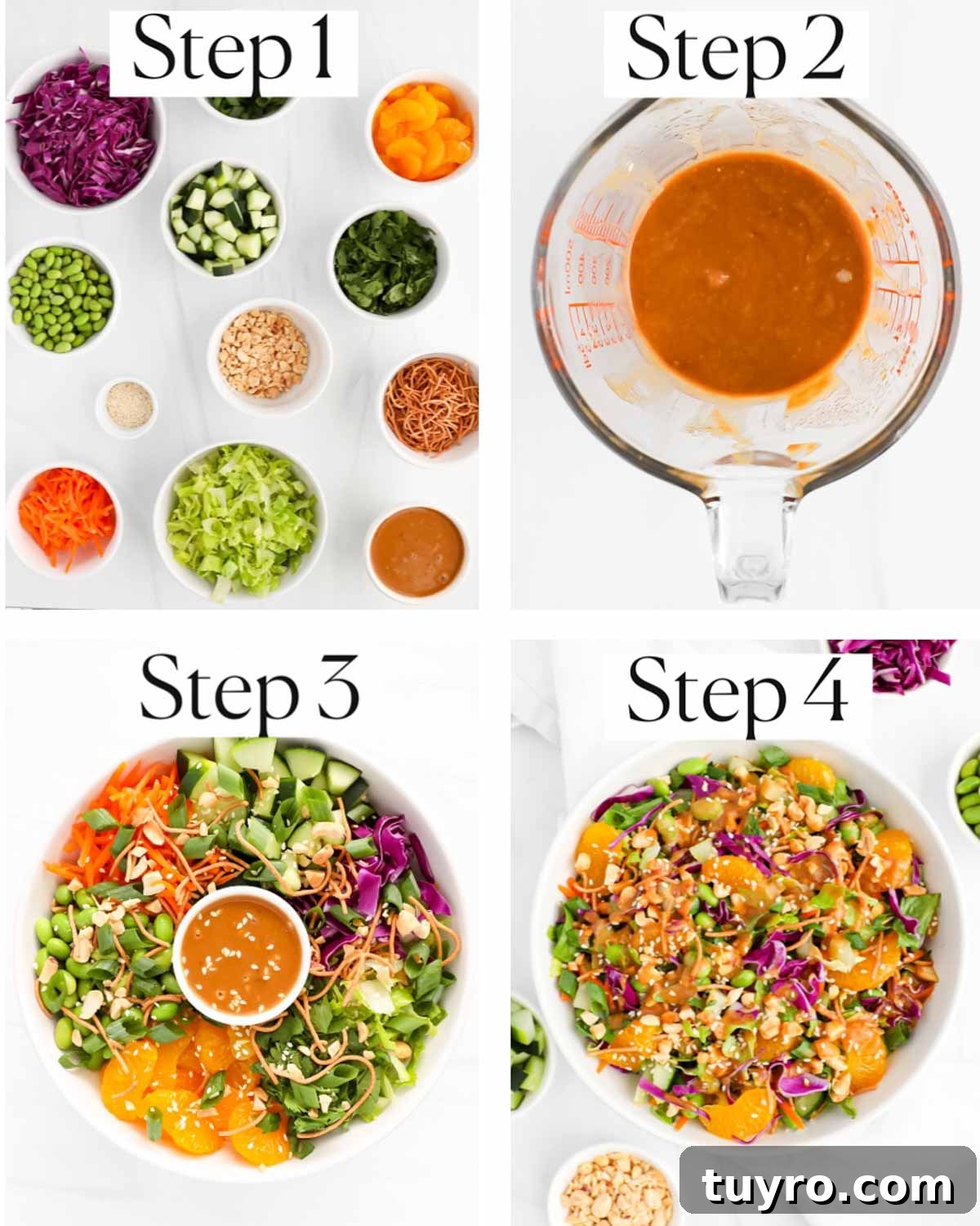 A collage with four images labeled "step 1-step 4". Step 1: ingredients in small white bowls, step 2: peanut sauce in a measuring cup, step 3: ingredients for salad divided in a large white bowl, step 4: salad tossed together.