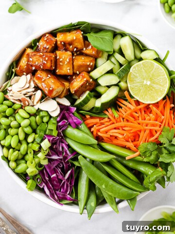 A bowl holding sesame tofu, cucumbers, a lime, carrots, snap peas, red cabbage, edamame, and almonds.