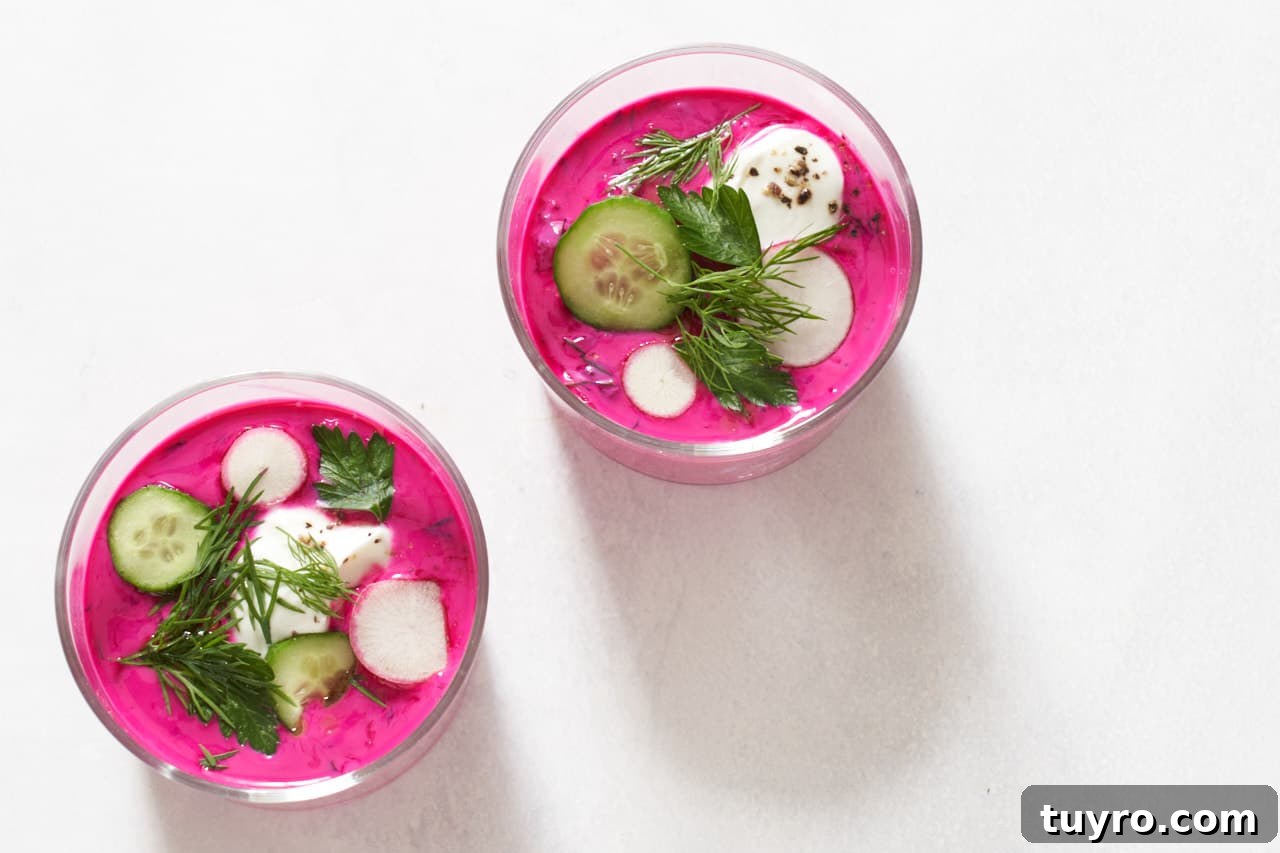 Chilled Beet Borscht: Classic Cold Soup Recipe 8 Two small glasses of cold borscht topped with sliced cucumbers and radishes, fresh herbs, and yogurt.