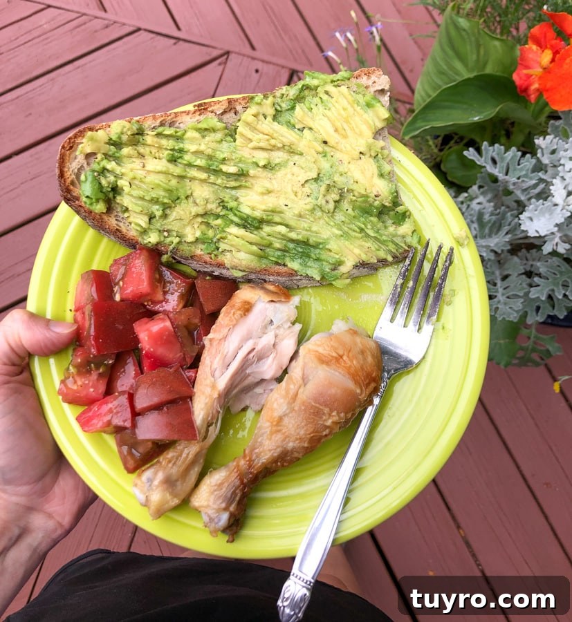 chicken with tomatoes and avocado toast