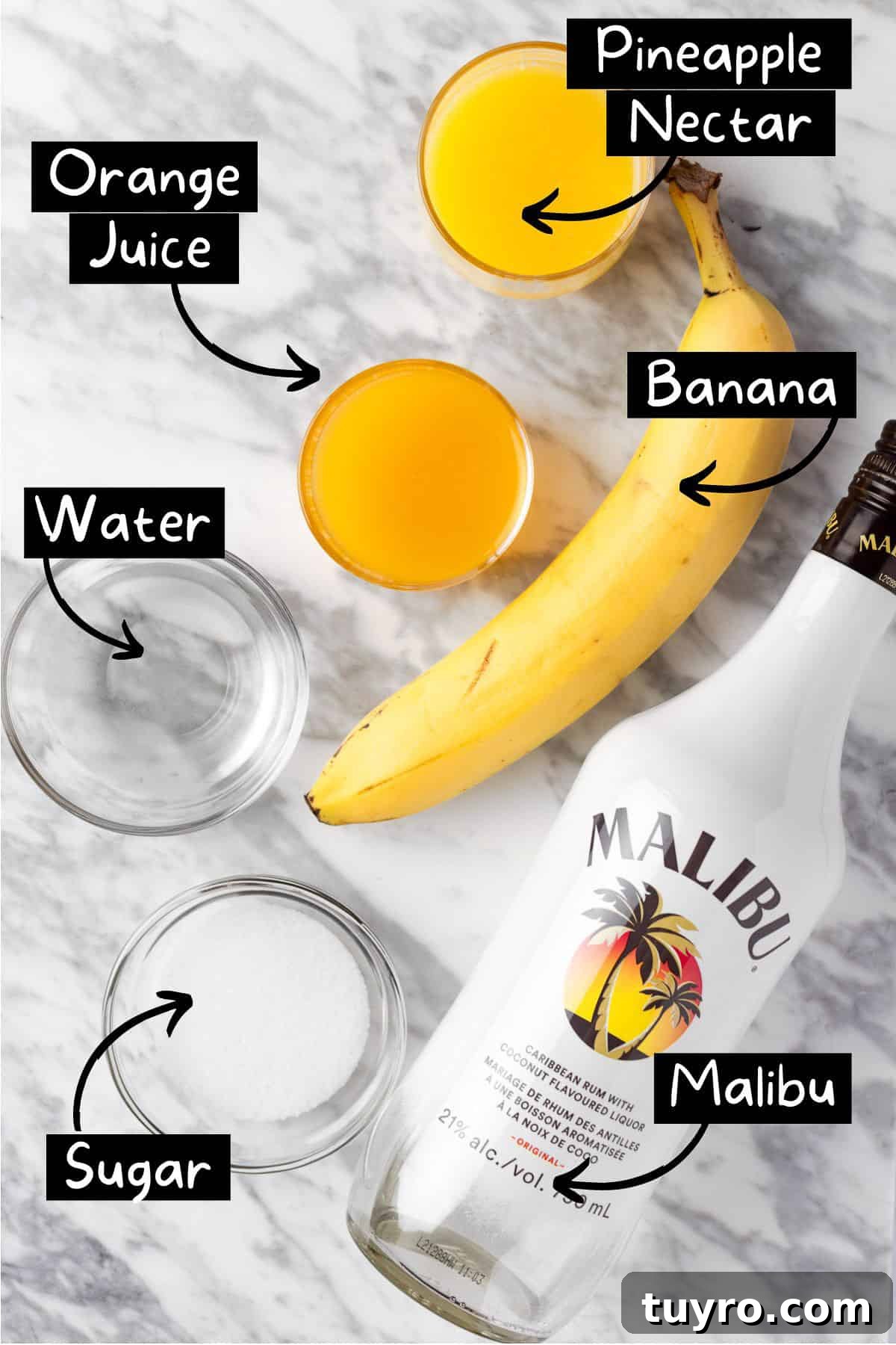Creamy Banana Rum Cocktail Recipe 3 The ingredients needed to make the banana rum cocktail.