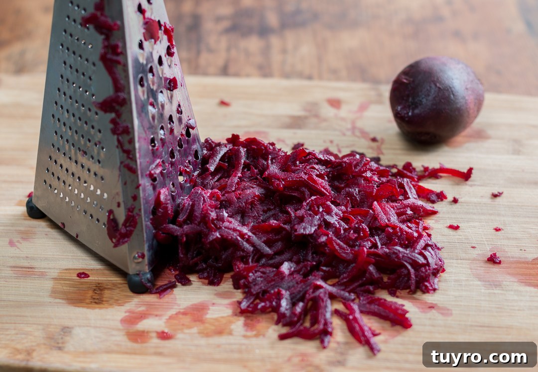 Warm peeled beets grated into fluffy quinoa