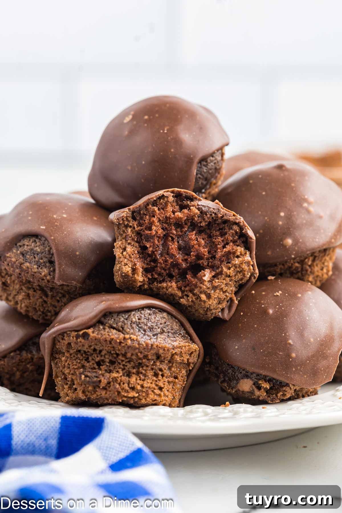 Mini Texas Sheet Cake Bites Recipe — Perfect Chocolate Party Treat 2 Cake Bites on a platter.