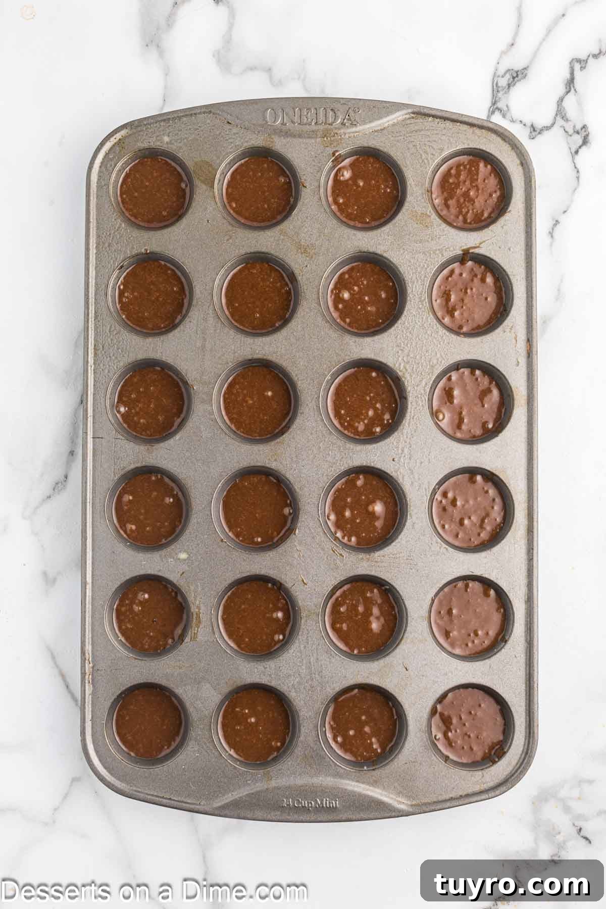 Mini Texas Sheet Cake Bites Recipe — Perfect Chocolate Party Treat 7 Batter poured into muffin tin.