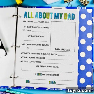 All about my dad printable page being filled out by a child inside a blue polka dot memory binder.