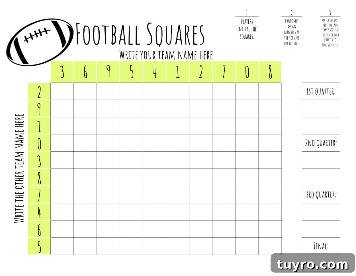 Free Printable Football Squares Template for Game Day 4 football squares template with numbers randomized.