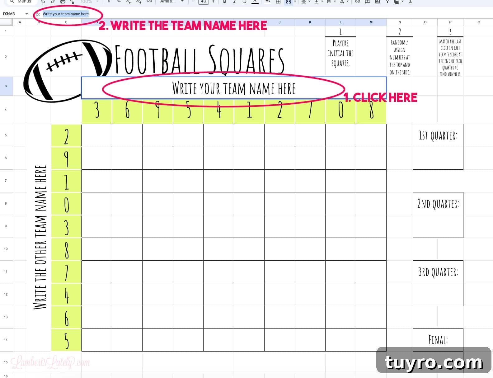 Free Printable Football Squares Template for Game Day 5 demonstration of how to write team names into the football squares template.