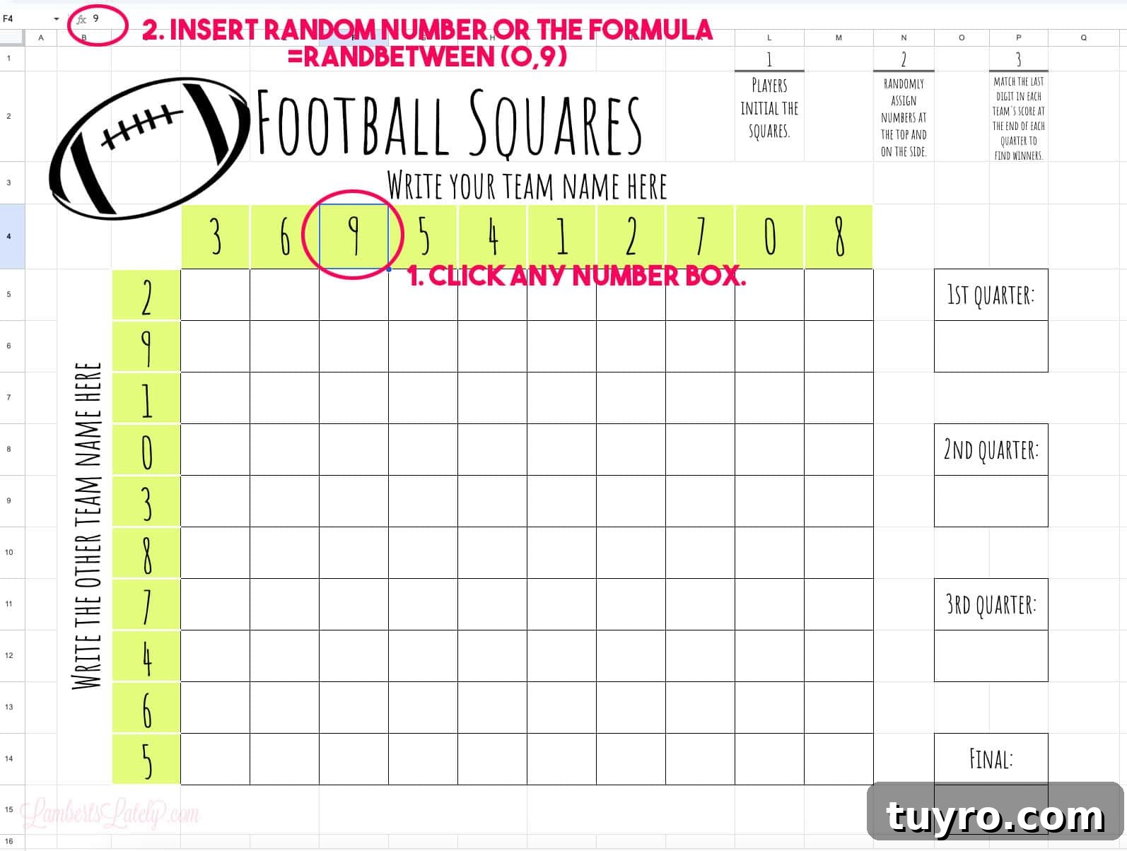 Free Printable Football Squares Template for Game Day 6 showing how to put random numbers in football squares template.