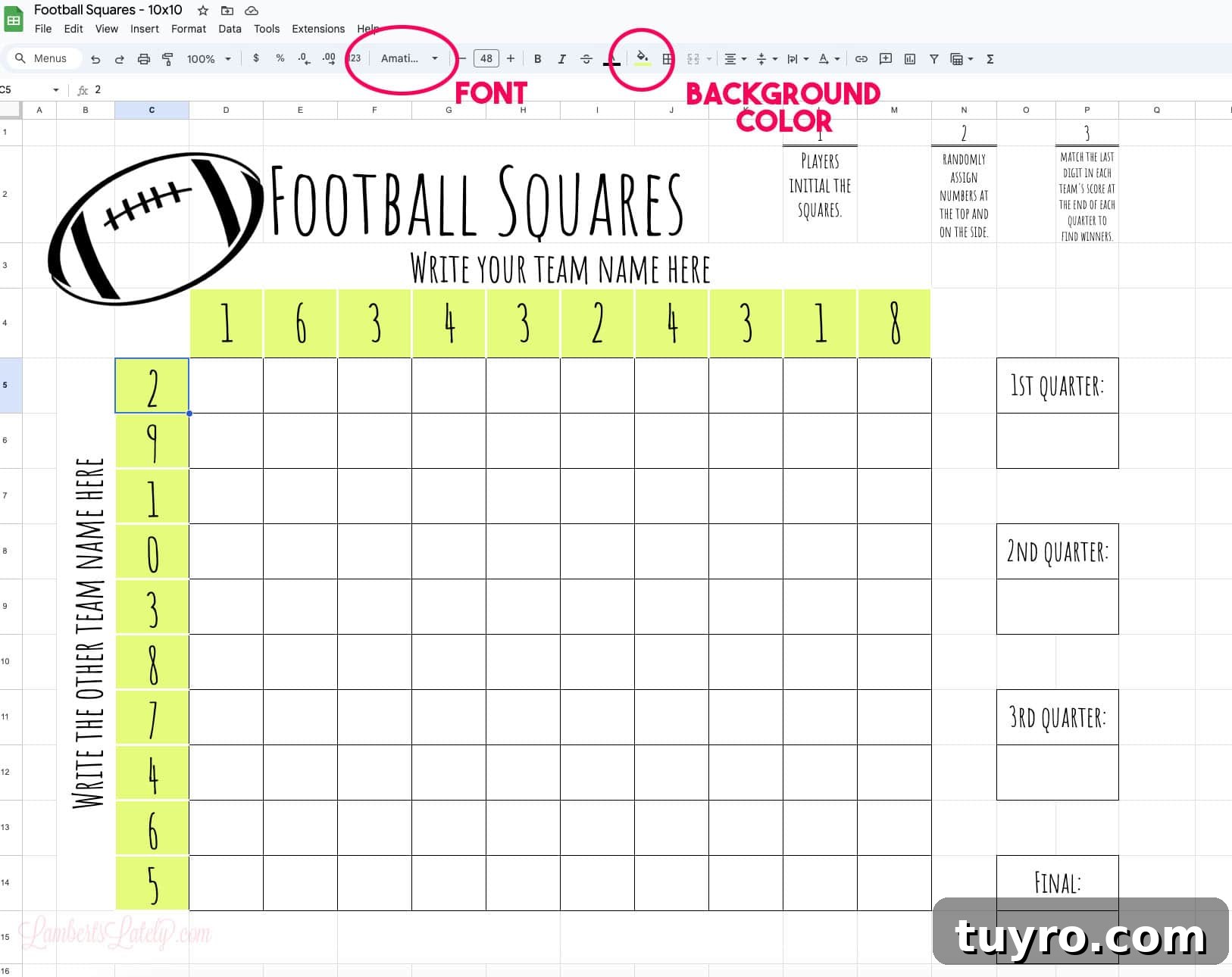 Free Printable Football Squares Template for Game Day 7 how to change font and background color on football squares template.