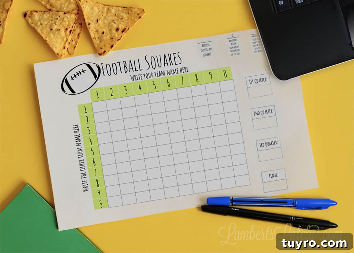 Free Printable Football Squares Template for Game Day 8 football squares page on a yellow background, with computer, book, chips, and pens.