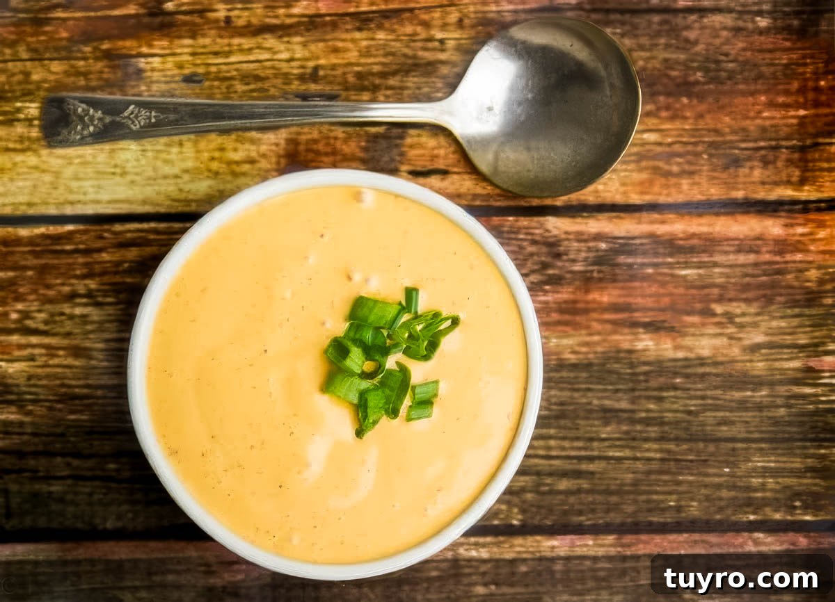 a white dish of chipotle sauce topped with chopped green onions next to a vintage spoon on a wooden table to show how to make this chipotle sauce recipe