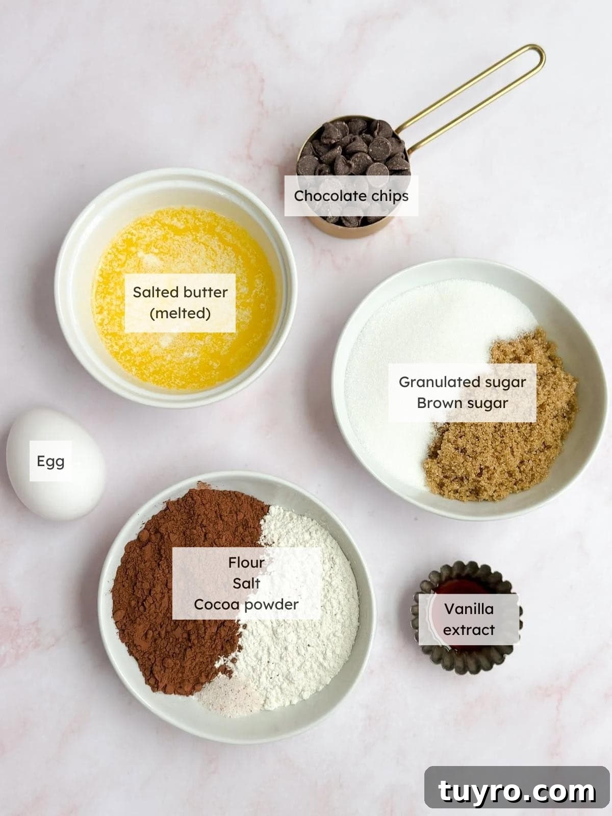 All the ingredients needed to make small batch brownies.