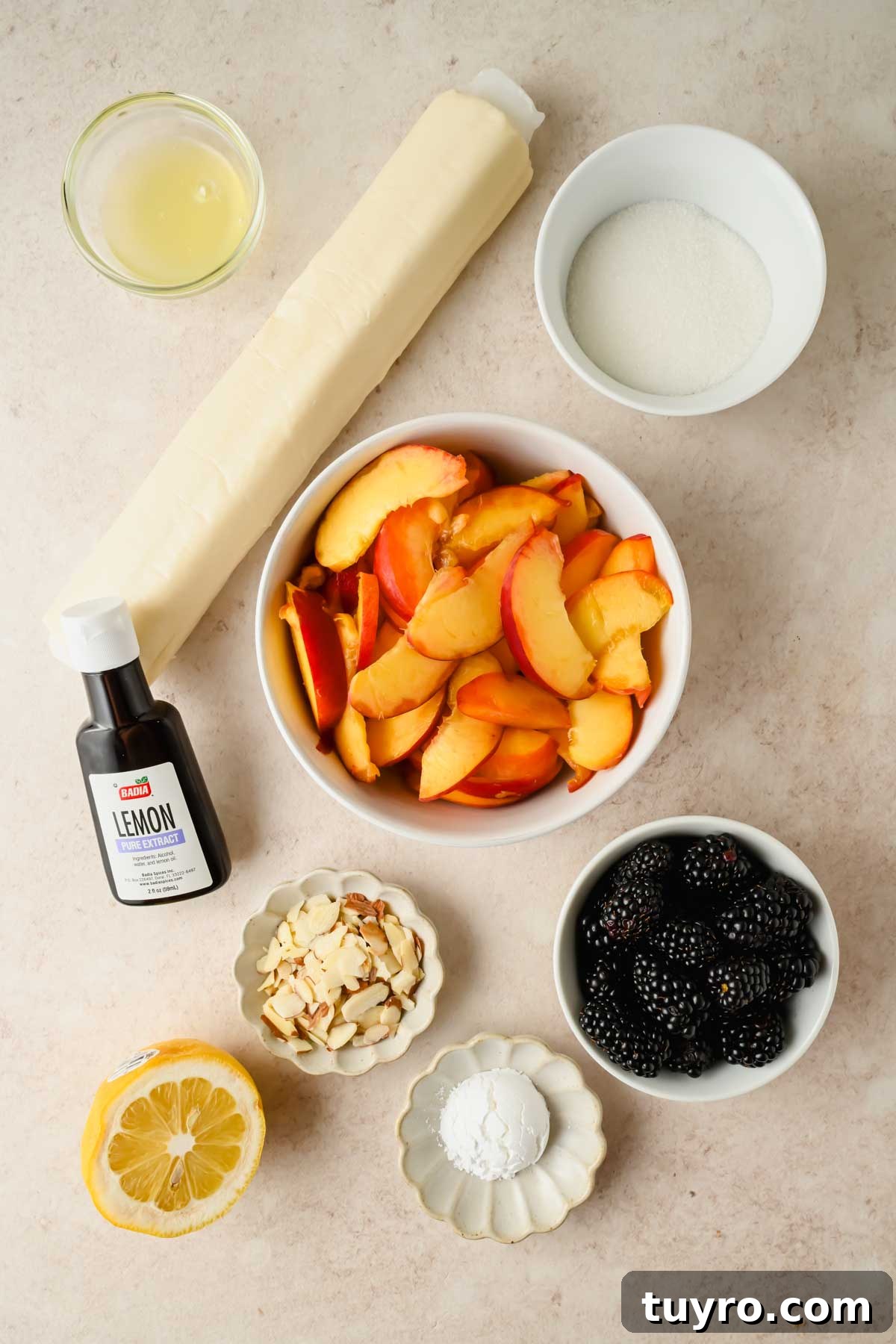 Rustic Peach and Berry Galette Recipe 3 flat lay of ingredients needed for Peach Berry Galette.