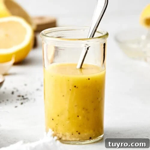 14 Fresh Salad Dressings and Vinaigrettes You’ll Love 2 A glass jar of lemon vinaigrette dressing.